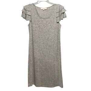 Loft Midi Dress Woman's Medium Speckle Gray Ruffled Short‎ Sleeves Belt Loops